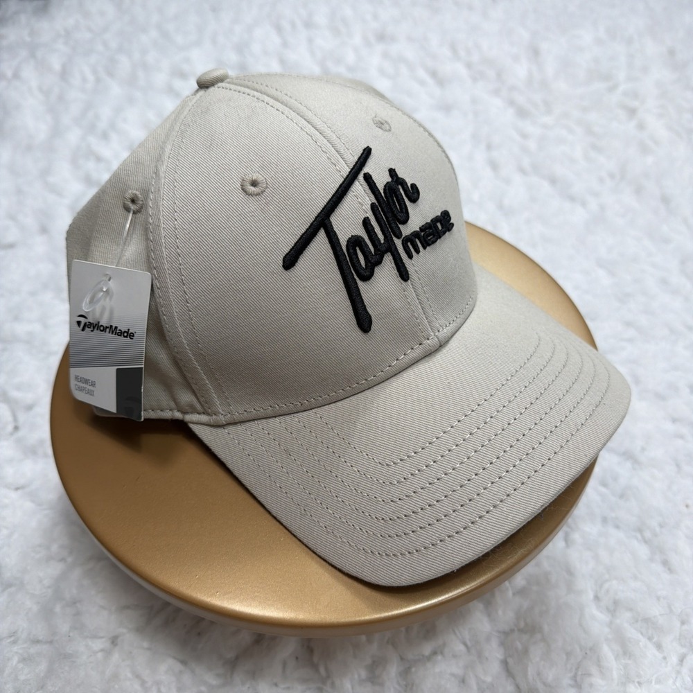 Taylormade Golf Hat Script Logo Beige Khaki & Black Strap Back Adjustable New!